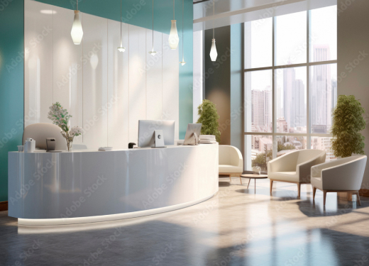 Modern office reception in Austin with curved white desk, panoramic city view, and elegant lighting.