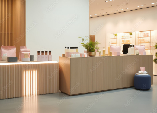 Minimalist retail display in Austin with soft lighting, natural wood accents, and organized product layout.