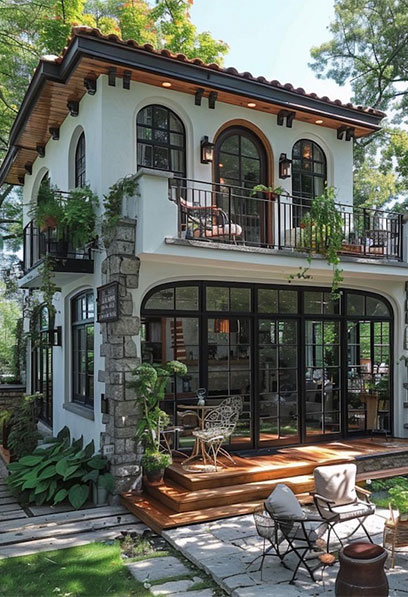 Charming two-story home with arched windows, balcony, and natural surroundings.