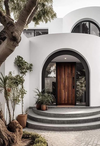 Chic white exterior with arched entrance, wood door, and lush greenery.