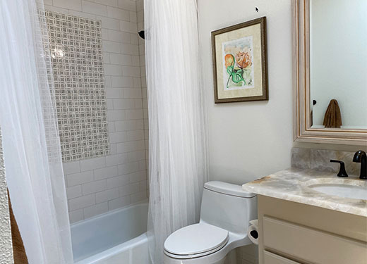 Small bathroom with a white bathtub, decorative wall tile, and framed artwork above the toilet.