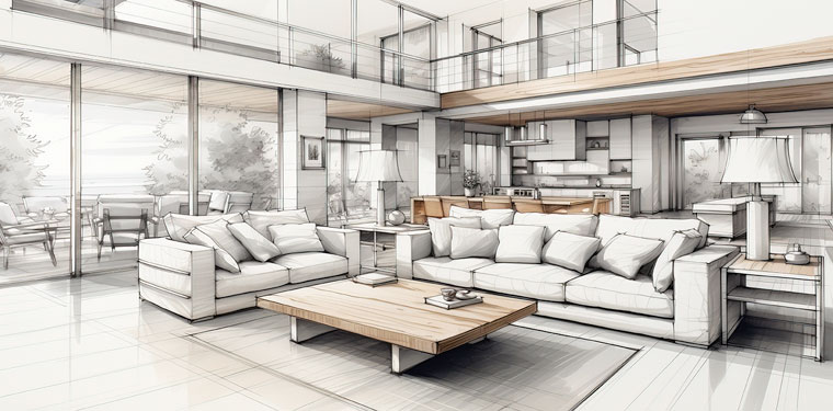 Concept sketch of a modern open-concept living room, featuring cozy seating and a natural palette.